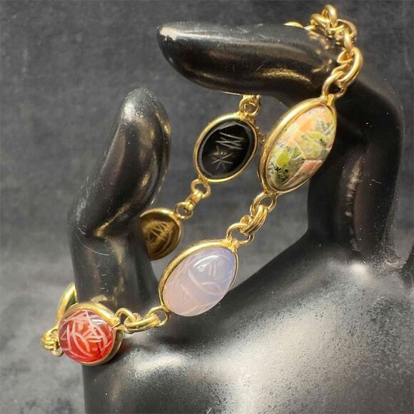 12K GF Scarab Beetle Bracelet Six (6) Gemstones Egyptian Hieroglyphs by Winard main image 8